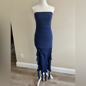 Navy Blue Strapless Jellyfish Bodycon Stretchy Flowy Mermaidcore Dress Small